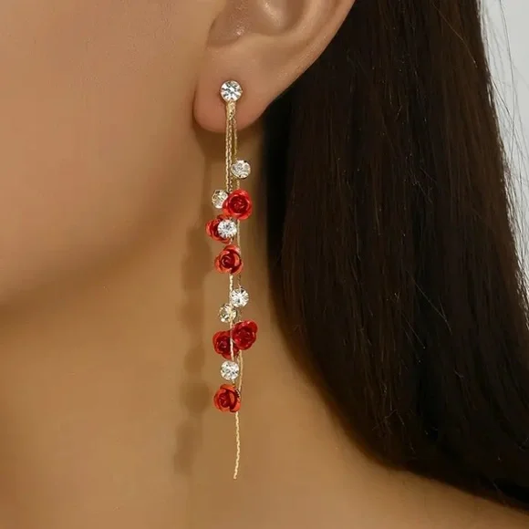 Romantic Gold Toned Rose and Diamond Stud Earrings - Picture 4 of 4